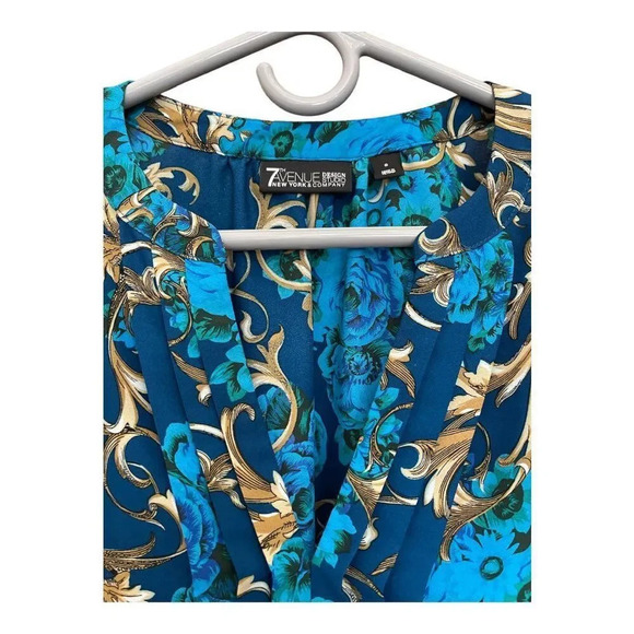 New York & Company 7th Avenue Women’s Small Blue & Gold V-Neck Blouse - Picture 5 of 6